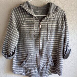 Women's Hoodie. Striped,  Zip up. Pockets snap close.